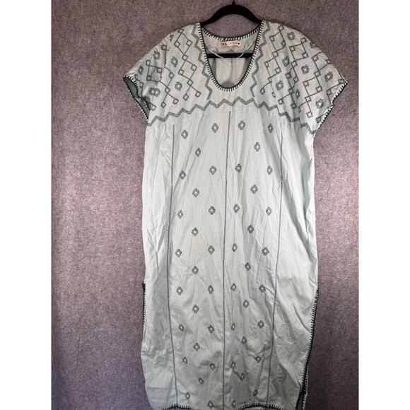 Zara Dress Women Medium Blue Linen Blend Geometric Pattern Embroidered Boho - Picture 1 of 8